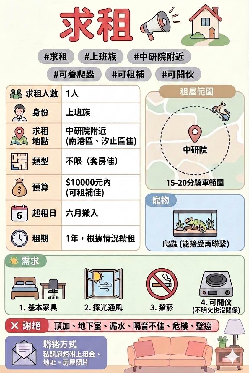 【地點】：捷運南港展覽館附近皆可，機車15分鐘內可到的範圍
